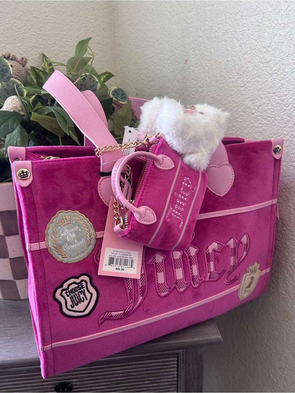Juicy Couture Hot Pink Velvet Tote with Mini Faux Fur Pouch